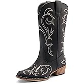 DREAM PAIRS Women's Cowboy Boots Mid Calf Cowgirl Boots Square Toe Chunky Heel Embroidery Stitched Western Boots