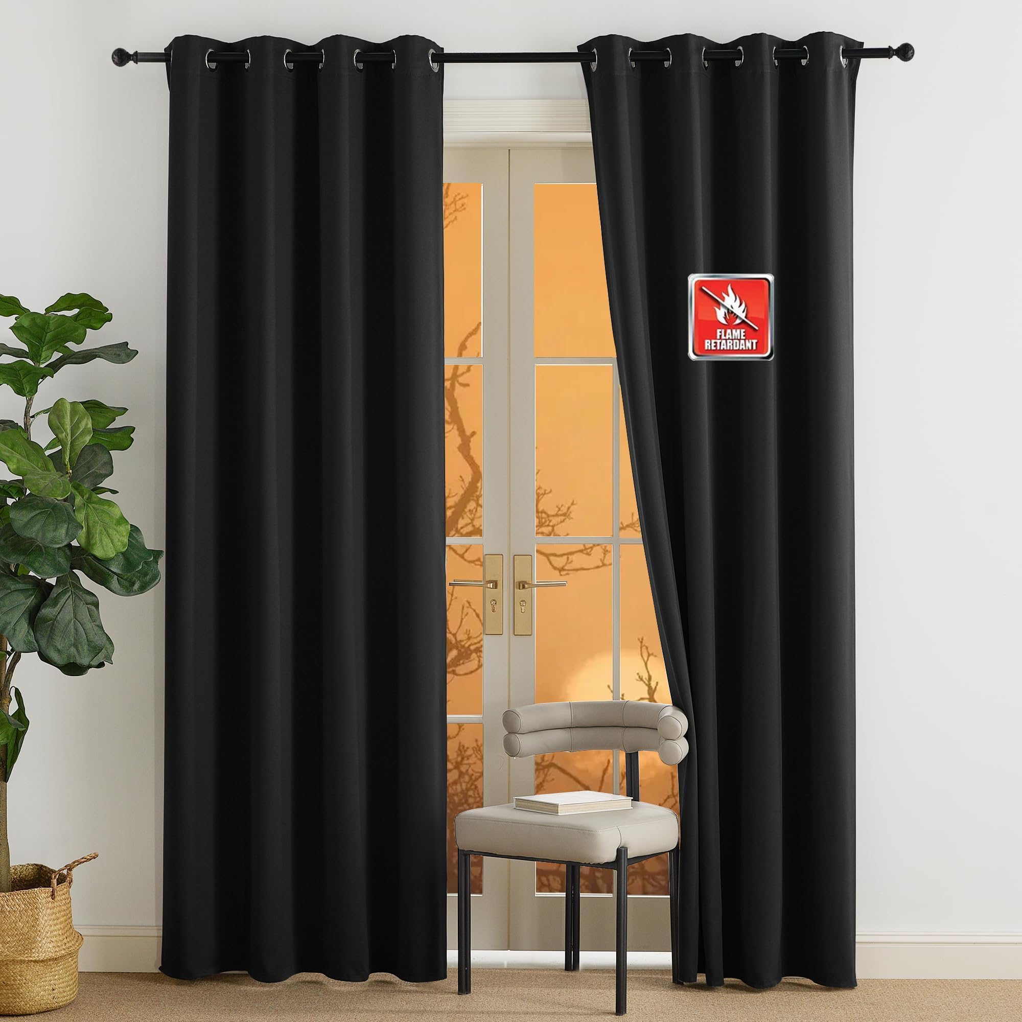Photo 1 of NICETOWN Fire Retardant Black Blackout Curtains 84 inch Length 2 Panels Set, 52 x 84 Noise Reducing Drapes for Office Conference Room Light Blocking Privacy Window Treatment for Living Room Home Decor