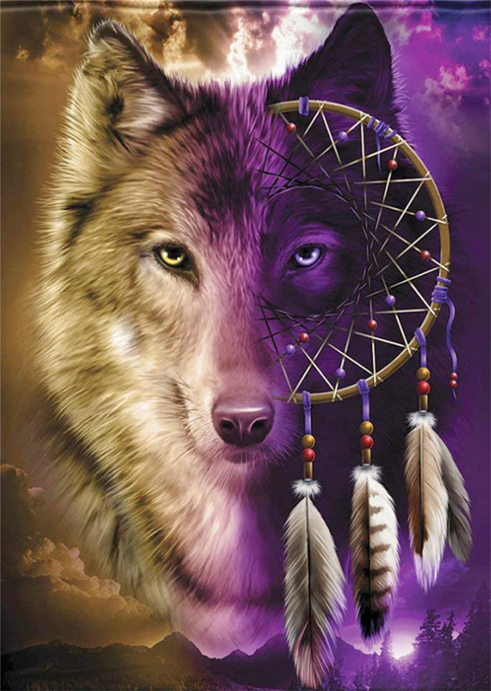 WOWDECOR Cross Stitch Embroidery Kits for Adults Kids, Wolf and Dream Catcher Feathers 11CT Stamped DIY DMC Needlework Easy Beginners