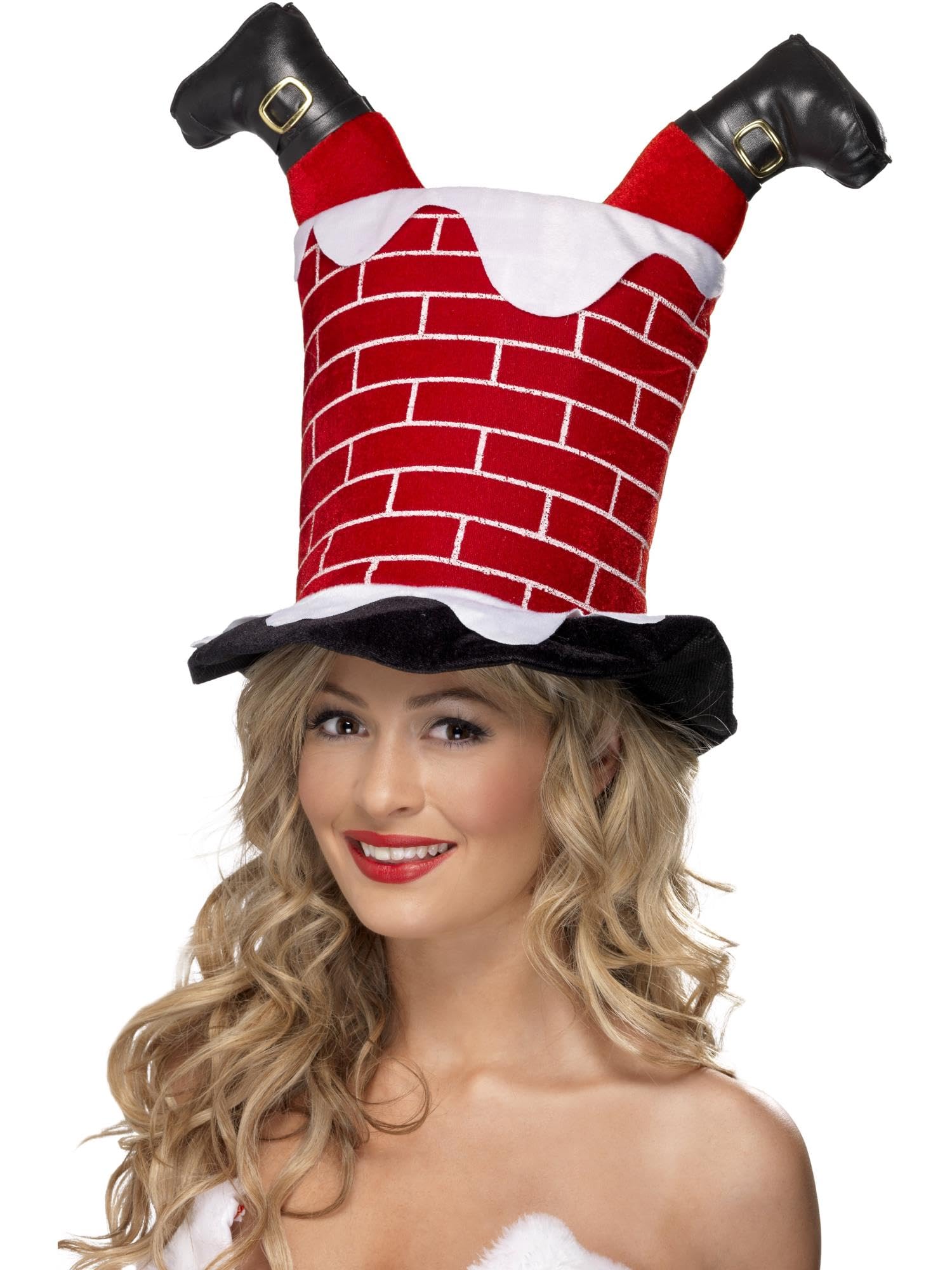Smiffys Santa Stuck in Chimney Hat, Red, Funny Novelty Christmas Hat for Adults, Festive Fancy Dress Accessory, Hilarious Holiday Party Costume Headwear for Men & Women