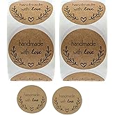 1000PCS Handmade with Love Stickers,1 Inch Small Round Brown Floral Heart Baking Stickers Label Bakery Sticker for Baked Goods Packaging, Envelope Seals, Small Business,Wedding,Birthday Gift Wrap Bag1