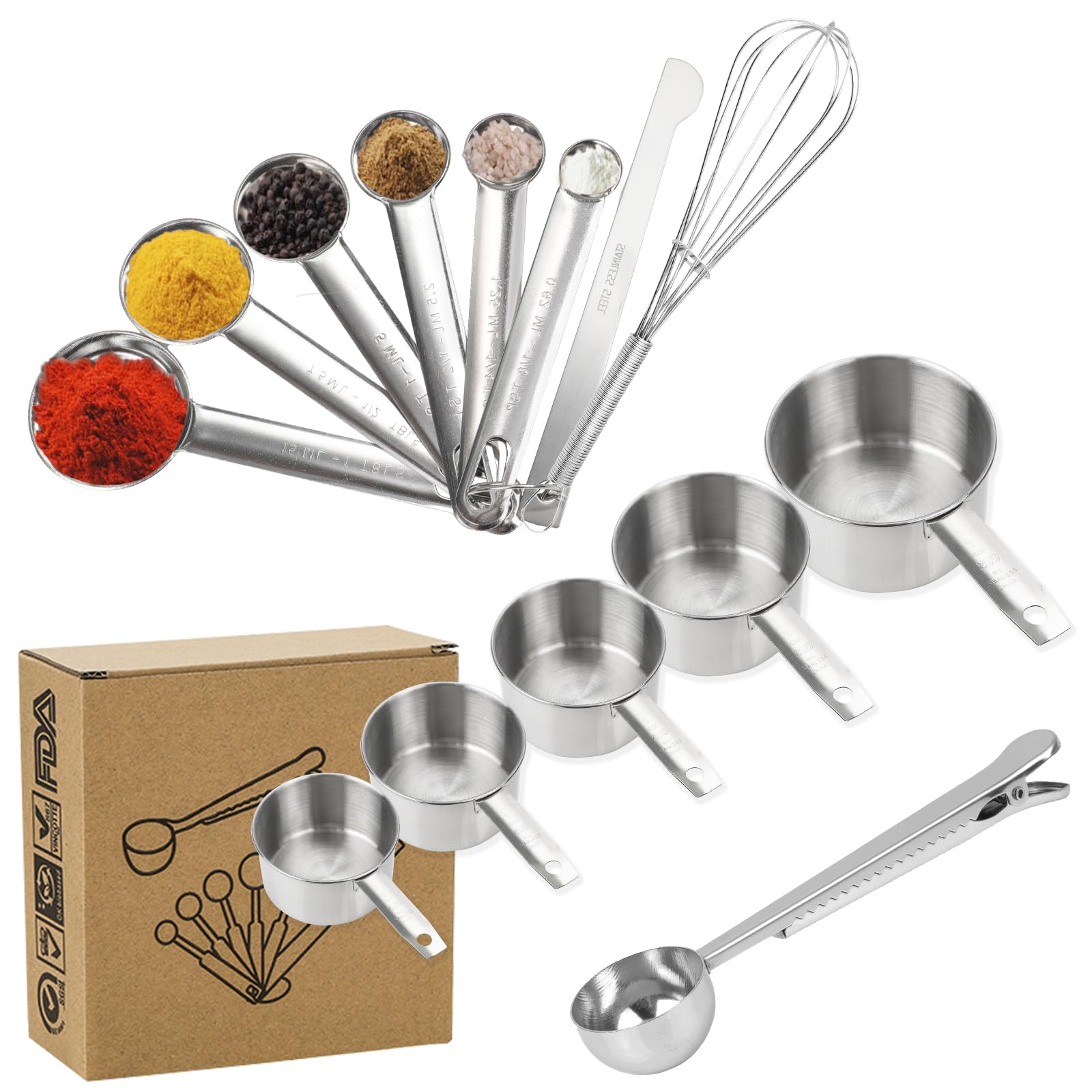 ProChosen Measuring Cups and Spoons Set, 14 PCS Premium Stainless Steel Measuring Spoons with Ruler Scoop/Clip/Whisk for Baking, Liquid and Solid Kitchen Tools for Cooking Baking