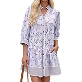Wenrine Women's Floral Boho Mini Dress 3/4 Long Sleeve V Neck Casual Button Down Shirt Dresses