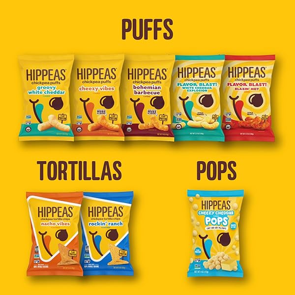 HIPPEAS CHICKPEA PUFFS, BOLD & SPICY VARIETY PACK: BARBECUE, SRIRACHA, 0.8 OUNCE (PACK OF 18), 3G PROTEIN, 2G FIBER, VEGAN, GLUTEN-FREE, CRUNCHY, PLANT PROTEIN SNACKS