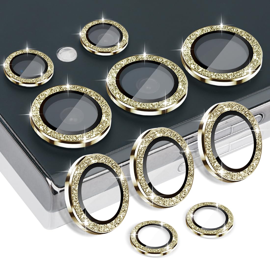 Rayorcon Camera Lens Protector for Samsung Galaxy S24 Ultra, Tempered Glass Aluminum Alloy Ring Lens Cover with [Installation Tray] [Removal tool] Fit for Samsung Galaxy S24 Ultra Glitter Gold