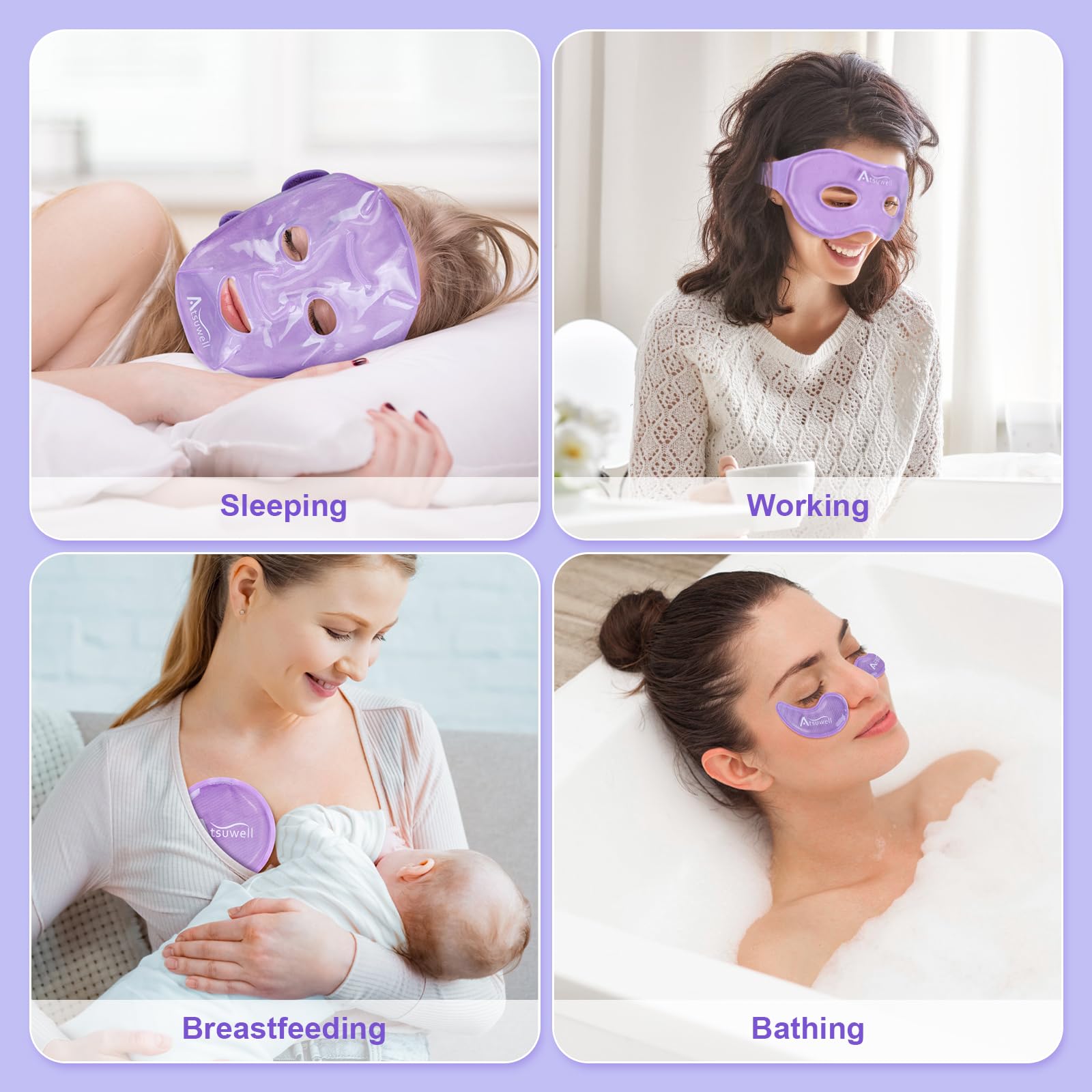 Atsuwell Cooling Ice Face Eye Mask Set for Dark Circles and Puffiness, 6 Gel Cold Packs for Face, Eyes, Soft Plush Lining Ice Pads Cold Compress, Relaxation, Cool Bag Included