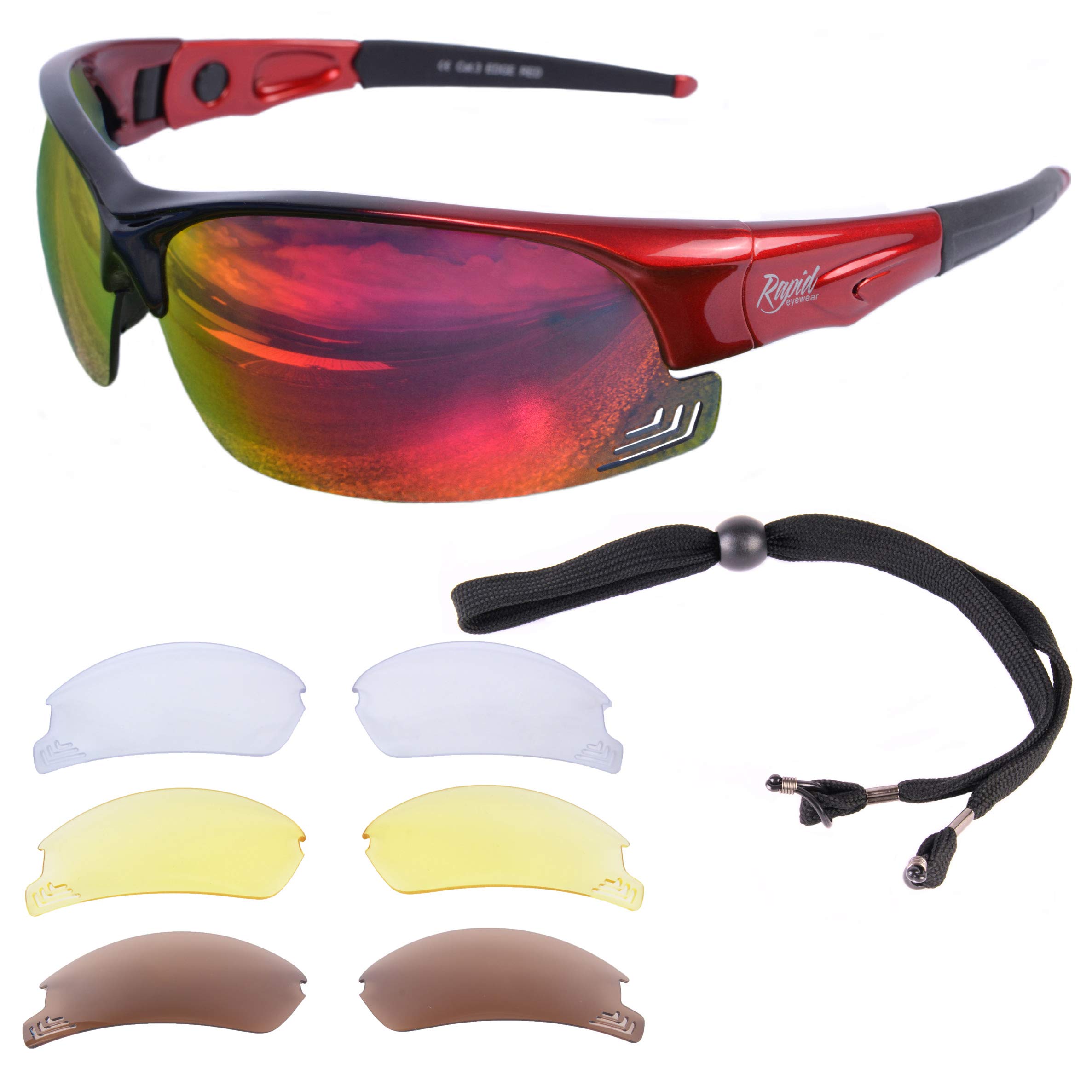 Rapid Eyewear Anti Fog Cycling & Running Sunglasses. Interchangeable Polarised & Low Light Lenses. Mens & Womens Sports Glasses. Adjustable Arms. Red