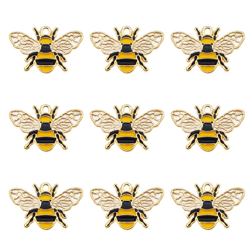 Julie Wang 16 Pcs Gold Paint Enamel Alloy Bee Charms Honey Bee Shaped Pendant For Bracelets Earrings Necklaces Keychain Jewellery Making DIY Crafts Accessories 26x17mm