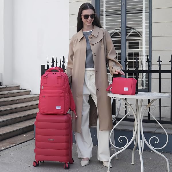 TRIPLAYER CARRY ON LUGGAGE 22X14X9 AIRLINE APPROVED, 22 INCH PP HARDSHELL LUGGAGE CARRY-ON SUITCASE WITH SPINNER WHEELS, CARRY ON SUITCASE SET FOR WOMEN(ROSE RED)