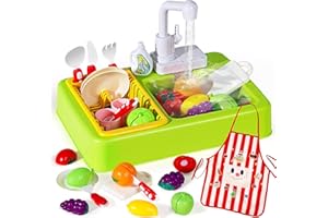 FAJIABAO Play Sink with Running Water, Toddler Sink Toy with Running Water Kitchen Sink Toys with Apron Water Toys for Toddlers 1-3 Girls Kids Sink Children Electric Dishwasher Play House Pretend Role