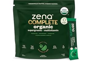 ZENA FIT NUTRITION Zena Complete Organic Super Greens Powder & Multivitamin, 90+ Supergreens, Fruits, Veggies, 0 Sugar, 5G Fiber, Pre & Probiotics, Watermelon Citrus Flavor, 30 Packets