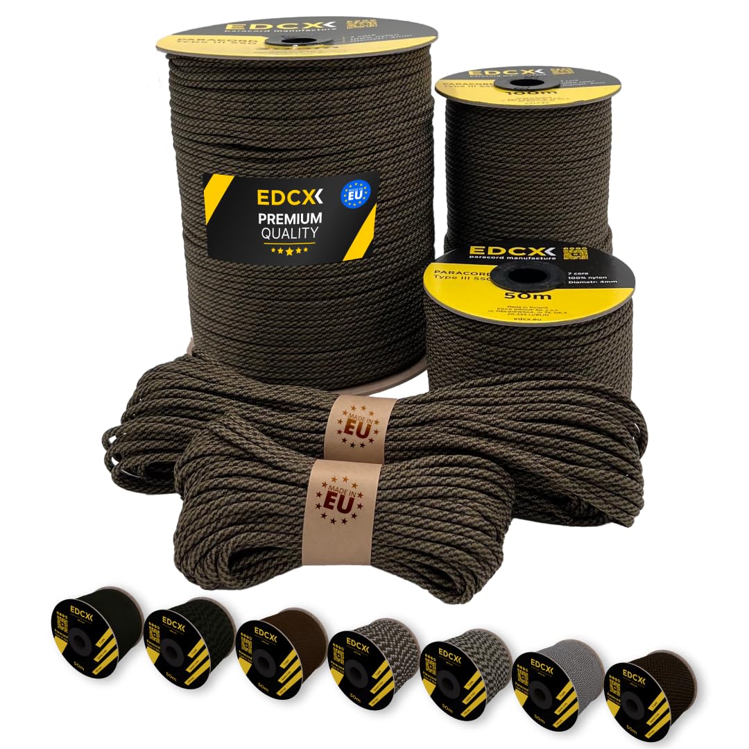 EdcX Paracord 4mm, 20+ Military Colors (15m, 30m, 50m, 100m, 300m) | Ideal for Camping, Survival, Outdoor, Crafting, DIY | 100% Nylon Rope 4mm | Tactical Cord 550 Type III (Headshot, 30 m)