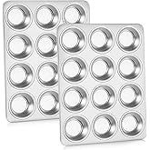 P&P CHEF Muffin Pan Cupcake Baking Pan Set, Stainless Steel Muffin Tin Tray for Mini Cake Tart Quiche, Oven & Dishwasher Safe, Non-toxic & Heavy-duty, (12 Cup, 2Pcs)