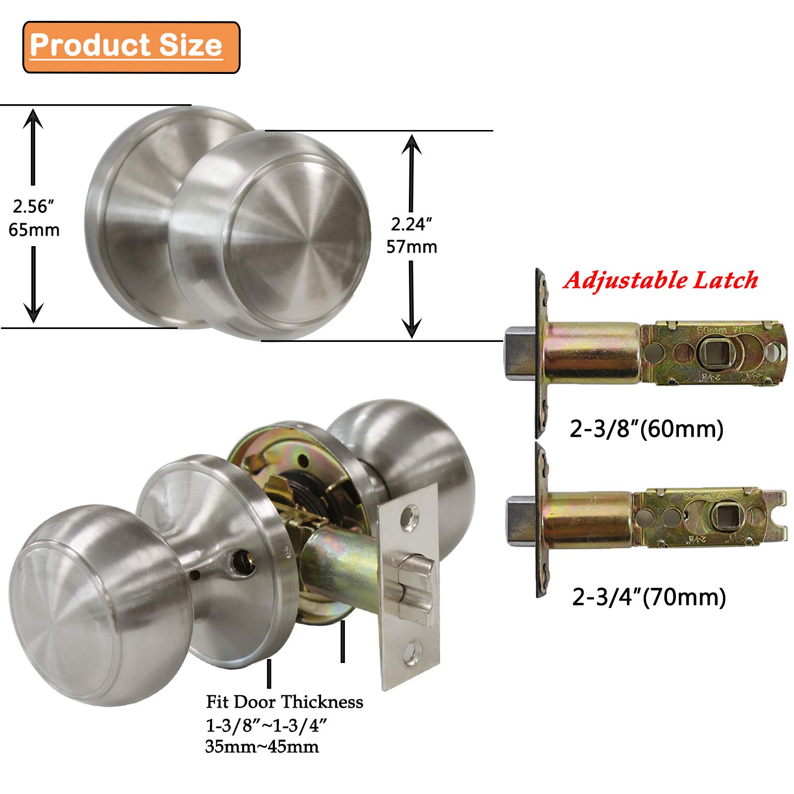 Probrico Passage Door Lock Brushed Nickel Interior Keyless Round Door Knobs Handles Locksets 6 Pack