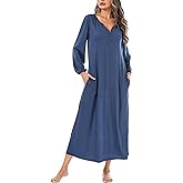 Marvmys Womens Cotton Long Sleeve Nightgown Long Sleepshirts Full Length Henley Sleep Dress with Pockets