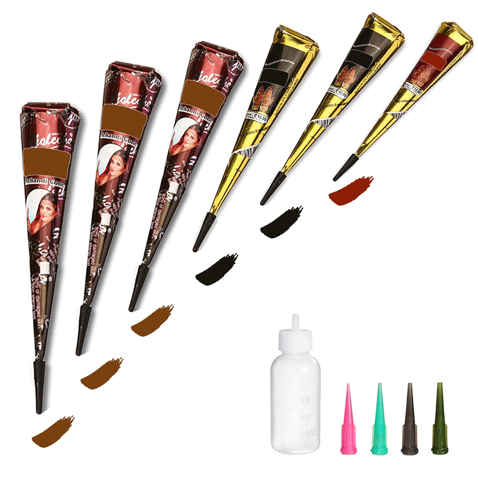 Photo 1 of Temporary Tattoos Kit, 6Pcs Semi Permanent Tattoo Paste Cones, India Body DIY Art Painting for Women Men Kids, Summer Trend hand Plaste with 3 Colors(1Pc Bottle,4Pcs Nozzles)20Pcs Adhesive Stencil