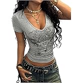 RoseSeek Women's Gothic Y2K Rhinestone Graphic Tees V Neck Short Sleeve Fitted Crop Tops Street T Shirt