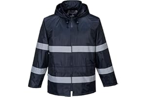 Portwest F440 Men's Hi Vis Waterproof Hooded Rain Jacket - Classic Iona Reflective Rain Coat Navy, Large