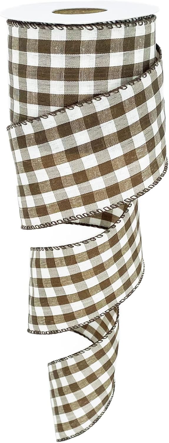 Bows & Ribbons - Leecogo Brown White Buffalo Check Plaid Wired Ribbon,2 1/2”x10 Yard, Farmhouse Gingham Ribbon for Easter, Christmas, Wreath, Spring, Summer, Wedding, Baby Shower, Birthday.