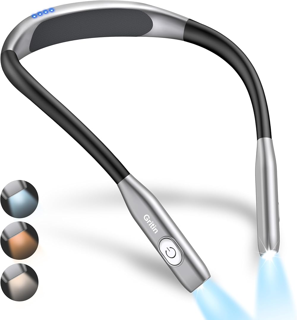 Gritin Neck Reading Light USB C Rechargeable 3 Color Temp Stepless Dimming