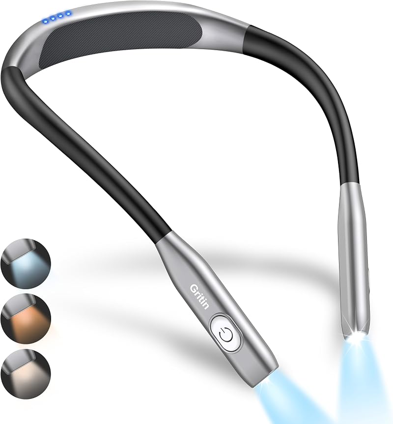 Gritin Neck Reading Light USB C Rechargeable 3 Color Temp Stepless Dimming