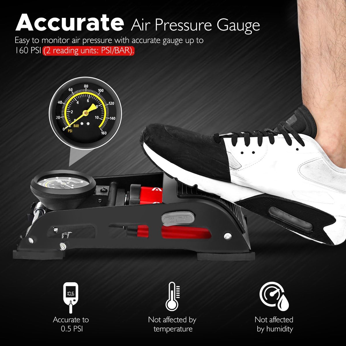 Audew Dual-Cylinder Foot Pump, Portable Floor Bike Pump with Accurate Pressure Gauge & Smart Valves, 160PSI Air Pump for Bicycles, Motorcycles, Cars, Balls and Other Inflatables : Sports & Outdoors