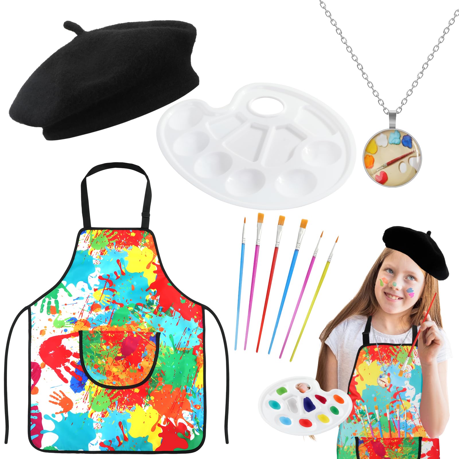 XEPST 4PCS Artist Costume for Girls Boys - Kids Artist Costume Accessories Set with Kids Aprons for Painting, Beret Hat, Necklace for Halloween Costumes Career Day Carnival Cosplay World Book Day