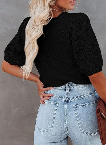 DOKOTOO WOMENS 2024 SPRING SUMMER PUFF SHORT SLEEVE SWEATER TOPS CREWNECK BASIC KNIT PULLOVER TUNIC ROUND NECK T SHIRTS LIGHTWEIGHT SOLID CASUAL FALL SWEATERS TRENDY BLOUSE BLACK SMALL
