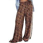 D-Sun Women Wide Leg Leopard Pants Mid Rise Leopard Velvet Trousers Casual Loose Elastic Waist Cheetah Printed Long Pants