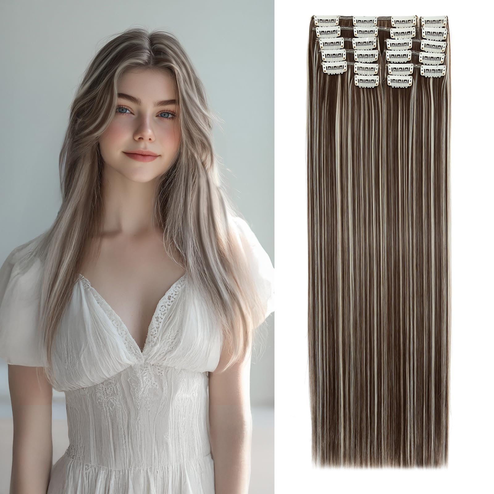 Benehair 22" Clip in Hair Extensions 12 Pcs Long Straight Hair Extensions Clip in Synthetic Fiber Full Head Natural Extension Dark Brown mix Blonde Hair Piece for Women(Dark Brown mix Blonde, 180g) — image 1