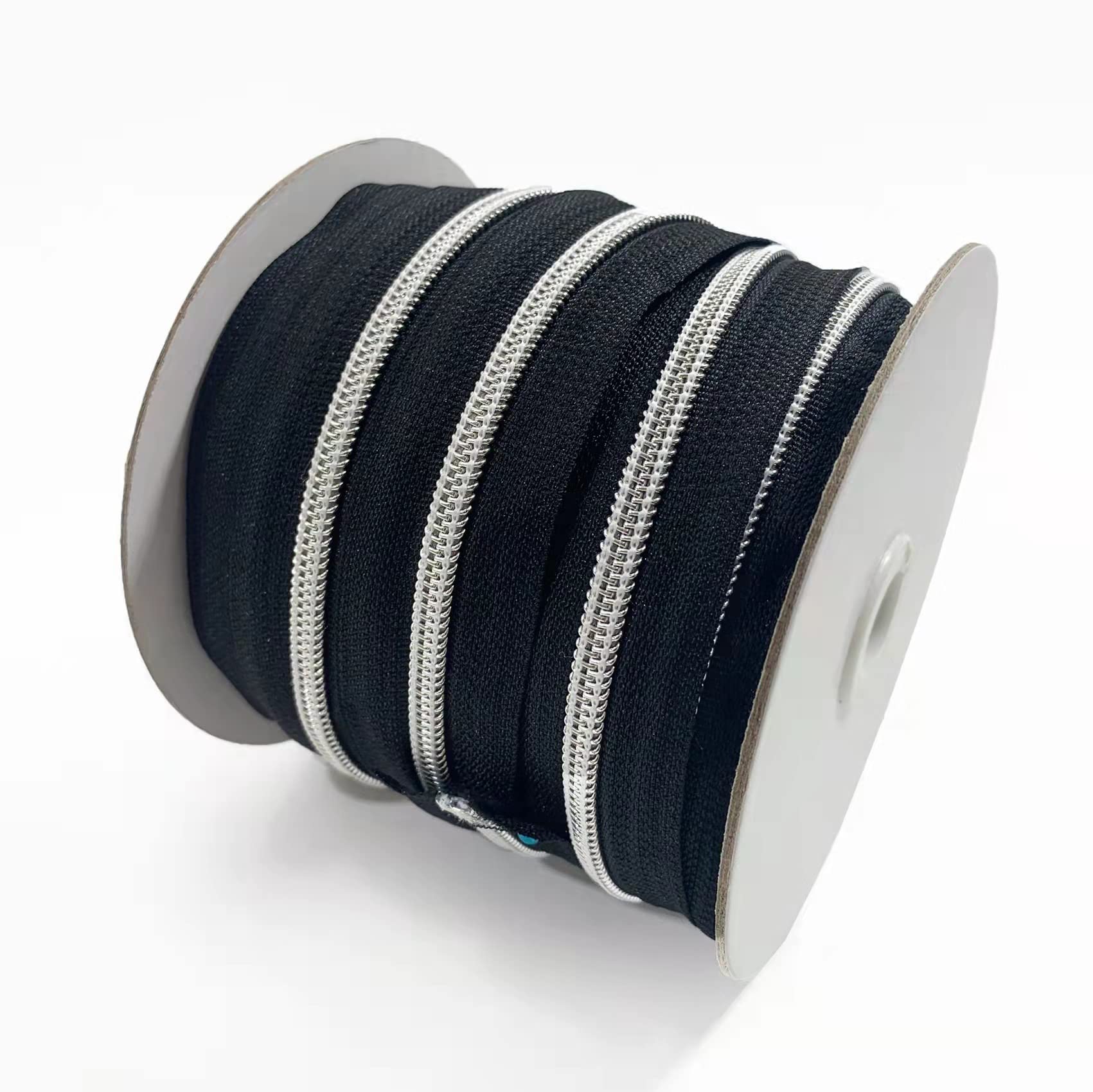 Roll 15 Meter Sparkly Zipper Continuous 5#, Silver and Black Zipper, with 15 Sliders Metal Sewing Sliders, for Craft, Bags, Tent, (332, 15m)