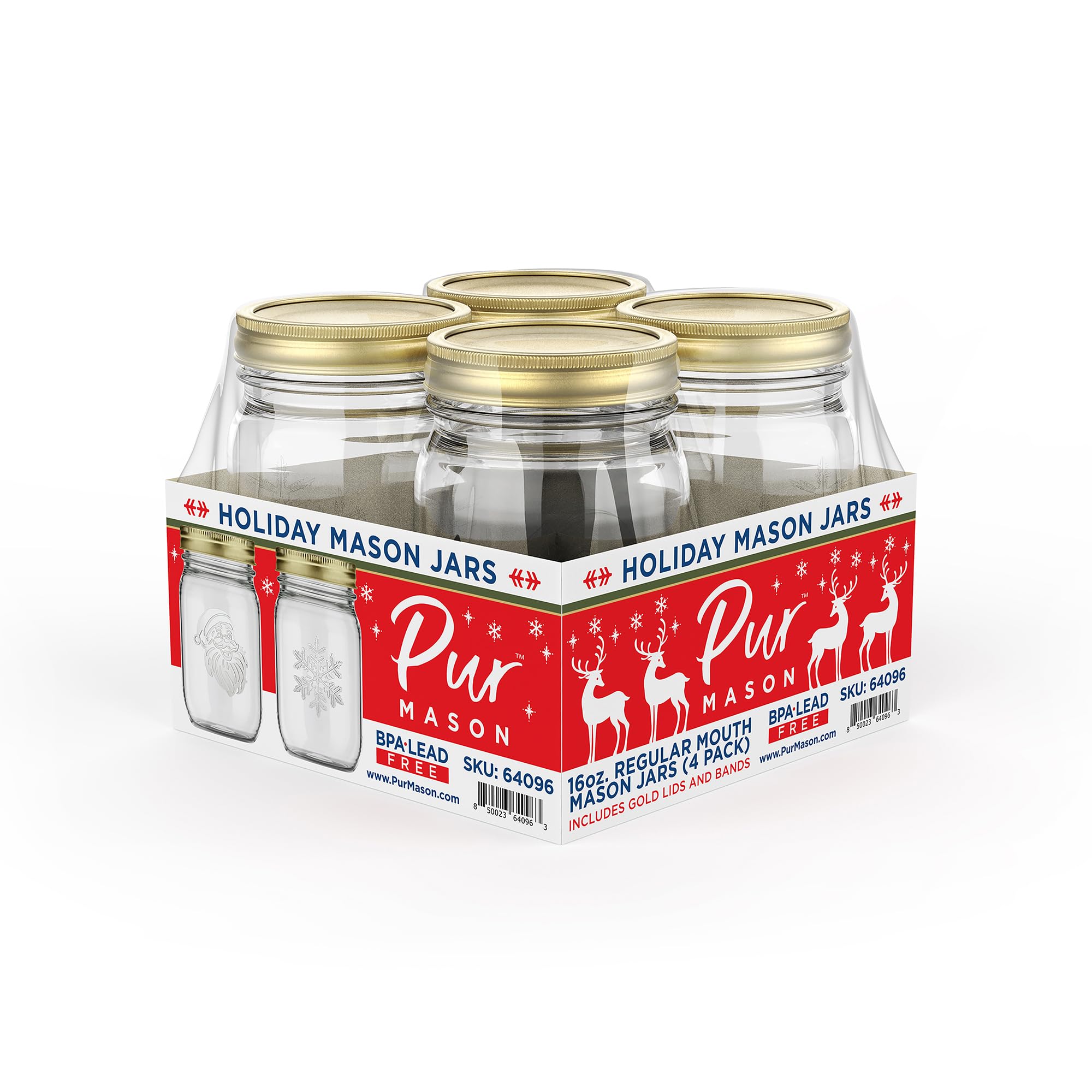 Photo 1 of 16oz Mason Jar, Regular Mouth Christmas design with Embossed Santa and Snowflake, Gold Lid and Band - Case of 4