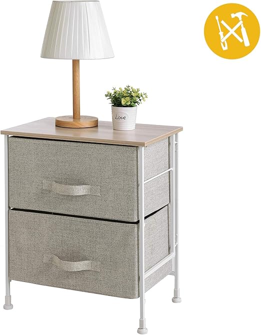 Bedside Table With 2 Drawers No Tools Required For Assembly Nightstand For Nursery Living Room Closet Bedroom Bathroom Kids Room Beige Linen Amazon Co Uk Kitchen Home
