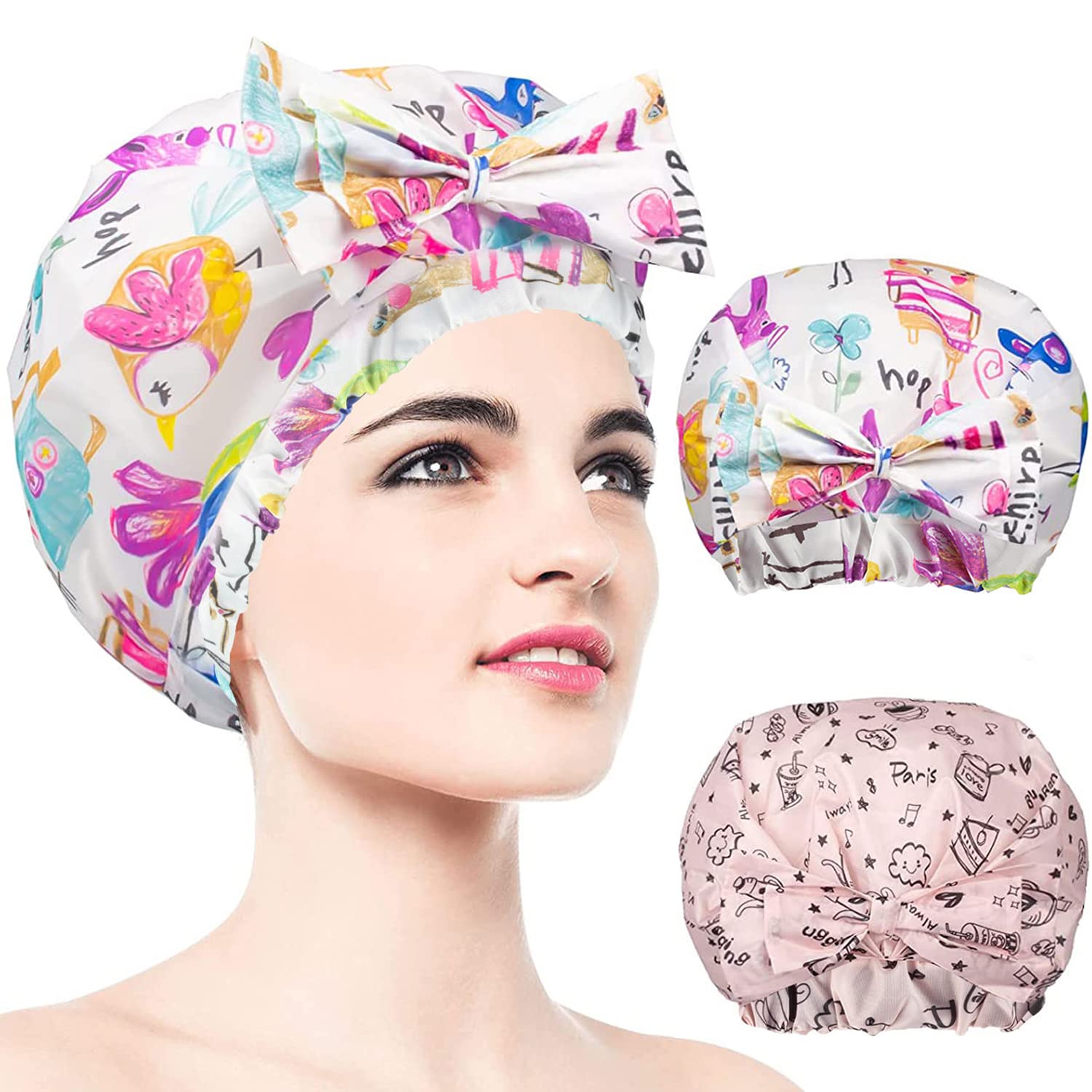 Photo 1 of 2 PCS Shower Caps, Reusable & Extra Large & Adjustable & Double Layer Waterproof Bow Knot Hair Reusable Cap for Women, Waterproof Outer & EVA Lining, for Shower, Spa, Makeup