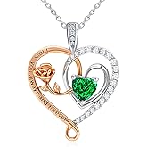 E Infinity Double Heart Birthstone Necklace 925 Sterling Silver Rose Flower Pendant Necklace, Birthday Anniversary Jewelry Gifts for Her Wife Mom Girlfriend Wife