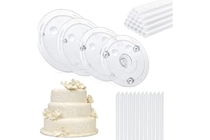 QPEY Cake Sticks Support Rods with Cake Board Drums,White Plastic Cake Separator Plates for Chic Multi-Tiered Cake in the Party,Wedding,Birthday,4PCS Plates with 32 PCS Rods