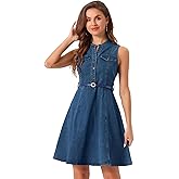 Allegra K Denim Dress for Women's Casual Belted Jean Sleeveless Shirt Dresses