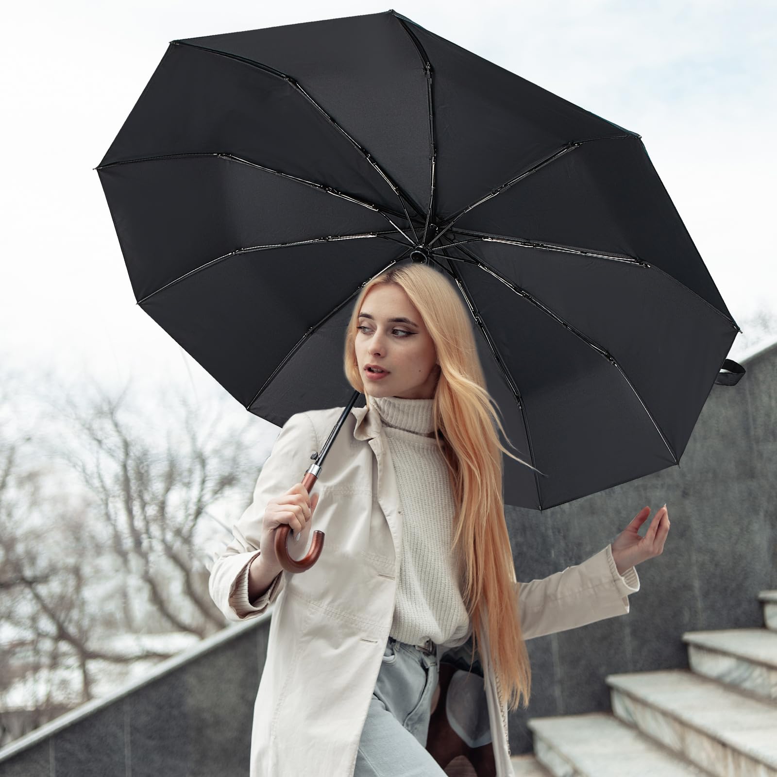 Silkfly 48 Inch Auto Open Umbrella Large Wooden J Stick Handle Vintage Windproof Travel Wedding Fast Drying Rain Umbrella