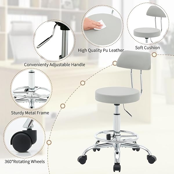 FIRAVOE ROLLING MASSAGE CHAIR, HEIGHT ADJUSTABLE SALON STOOL WITH WHEELS 19.5″-26.6″, GRAY GUITAR STOOL (GRAY)