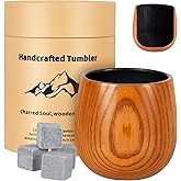PAREMPY Wooden Whiskey Glass Set Of 2 Wooden Bourbon Glass Charred 10oz Bourbon Gifts For Him Man Husband Father Birthday Wood Whiskey Tumbler Handcrafted Whisky Cup (1)