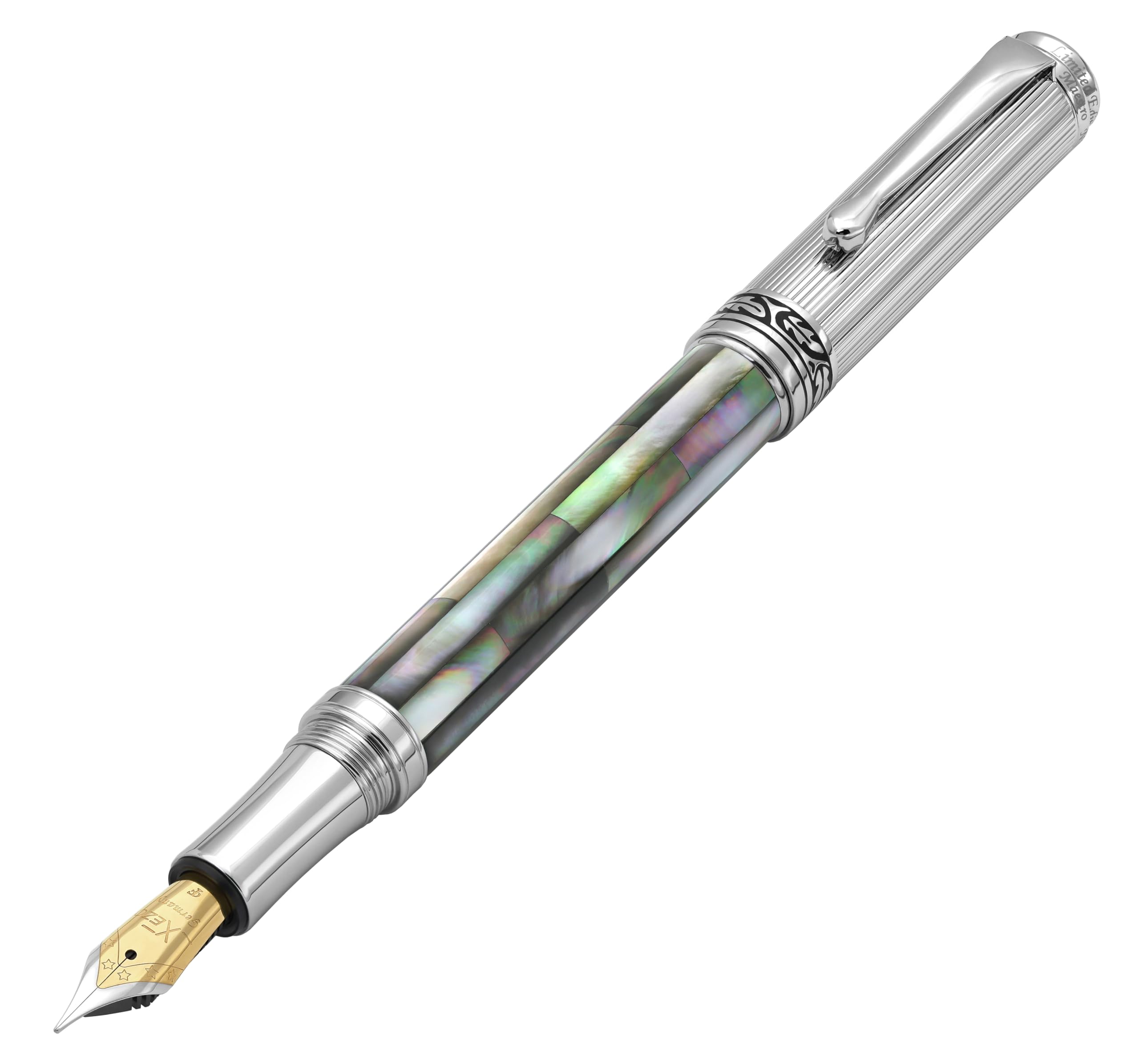 Xezo Maestro Black Mother of Pearl Fountain Pen, Fine Nib. Chrome Plated. Handmade, No Two Pens Alike