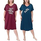 FEREMO 2 Pack Plus Size Nightgown for Women Casual V Neck Nightshirts Print Short Sleeve Sleepwear