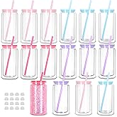 Tswofia 16 Oz Plastic Snow Globe Tumbler with Lid and Straw,16 Pack Double Wall Pre Drilled Plastic Mason Jar Cups Can for Snow Globe Glitter DIY Gift(Mixed Colors)