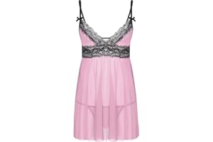 Manyakai Men Lace Trim Sissy Lingerie Sets Sling Straps Cross Dress with G-Strings Chemise Nightwear Clubwear