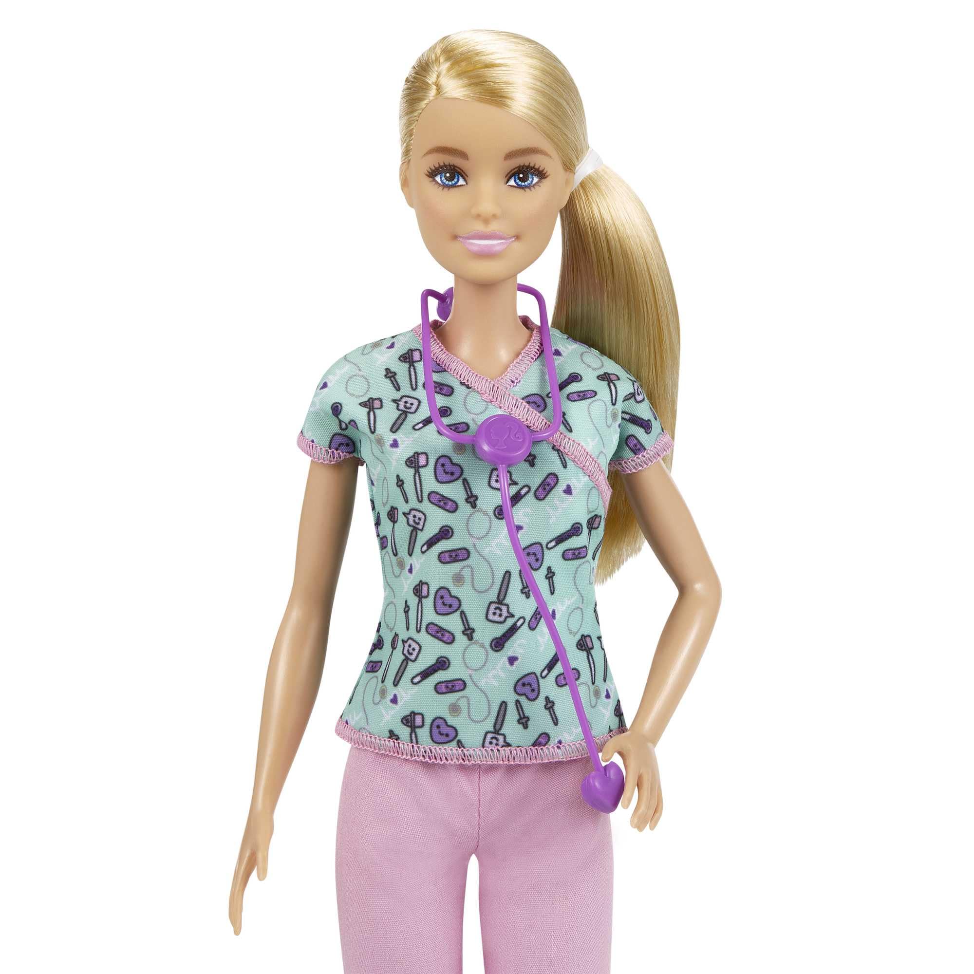 Barbie Nurse Blonde Doll (12-in/30.40-cm) with Scrubs Featuring a Medical Tool Print Top & Pink Pants, White Shoes & StethoscopeAccessory, Great Gift for Ages 3 Years Old & Up