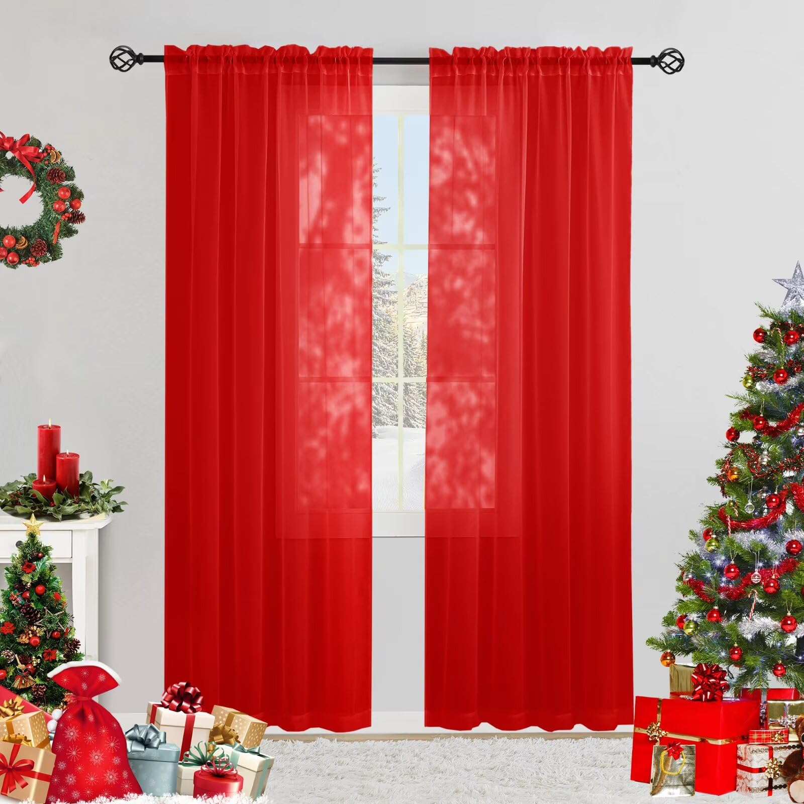 Photo 1 of Karseteli Semi Voile Sheer Curtains 84 Inches Long 2 Panels Rod Pocket Window Treatment for Living Room Bedroom Dining Room(Red 42" W x 84" L)