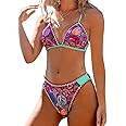 CUPSHE Women Swimsuit Bikini Set Triangle Cheeky Paisley Shell Stitched Two Piece Bathing Suit
