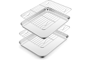 E-far Small Baking Sheet with Wire Rack (2 Pans + 2 Racks), Stainless Steel Cookie Sheets Trays & Cooling Rack for Toaster Ov