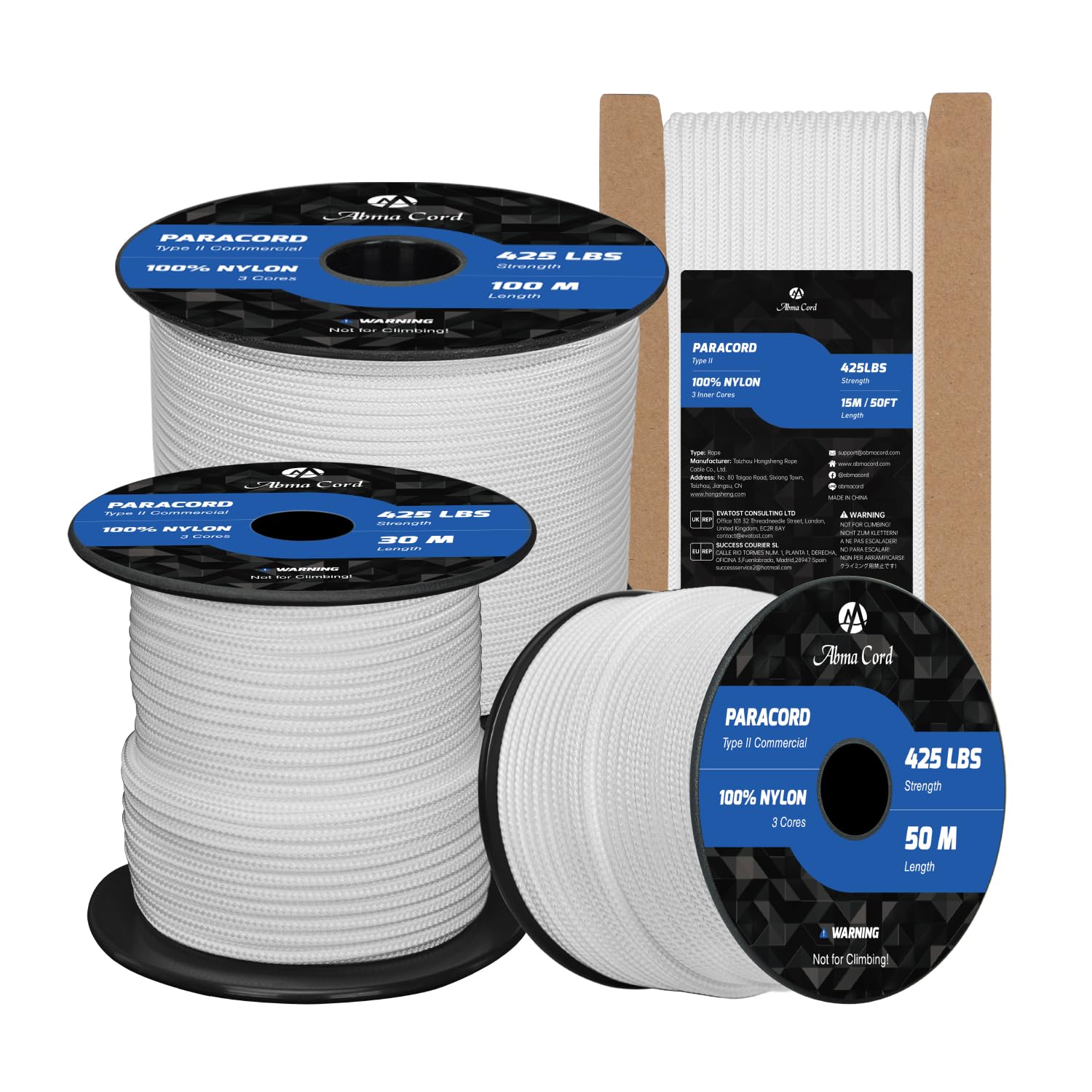 Abma Cord Paracord 3mm 100m 100% Nylon Rope Type II 3 Strands Parachute Cord - Max. 192kg (425lbs) - White