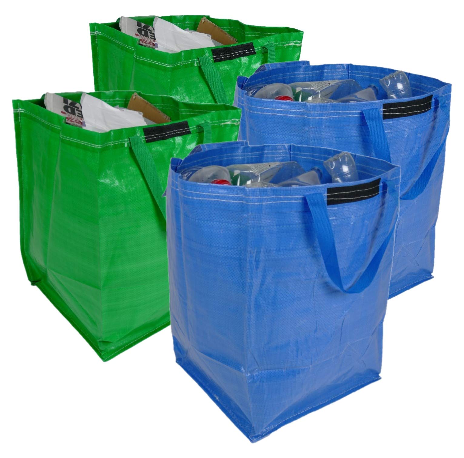 47 Litre Recycling Bag with Top Flap and Handles - Tip Strap - Laminated Wipe Clean Fabric - PREMIUM GRADE - Heavy Duty Woven PP Fabric (4 Bags, Multi)